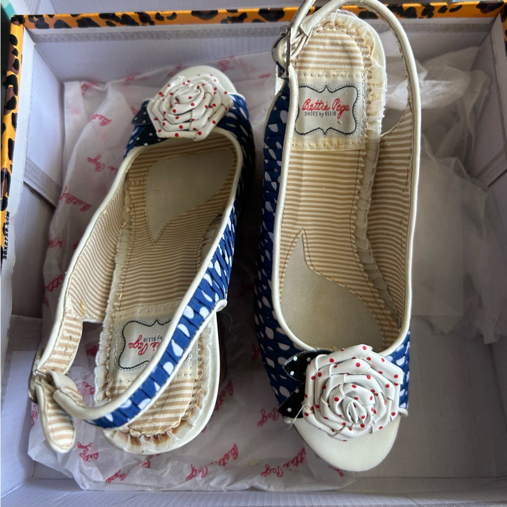 Bettie Page Blue and White Wedge with Rosette Embellishment